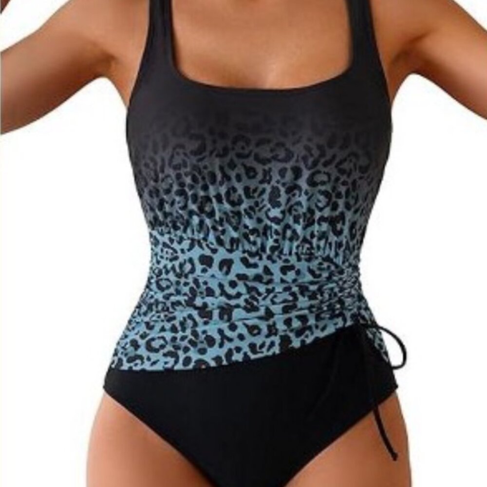 Eomenie. 1-piece swimsuit. Tummy Control. Ruched. Leopard/Blue Gradient. S